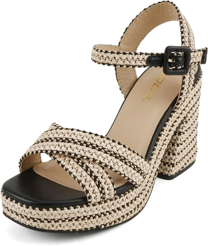 A high-heeled sandal with woven beige and black straps, an ankle strap with a buckle, and a chunky heel.