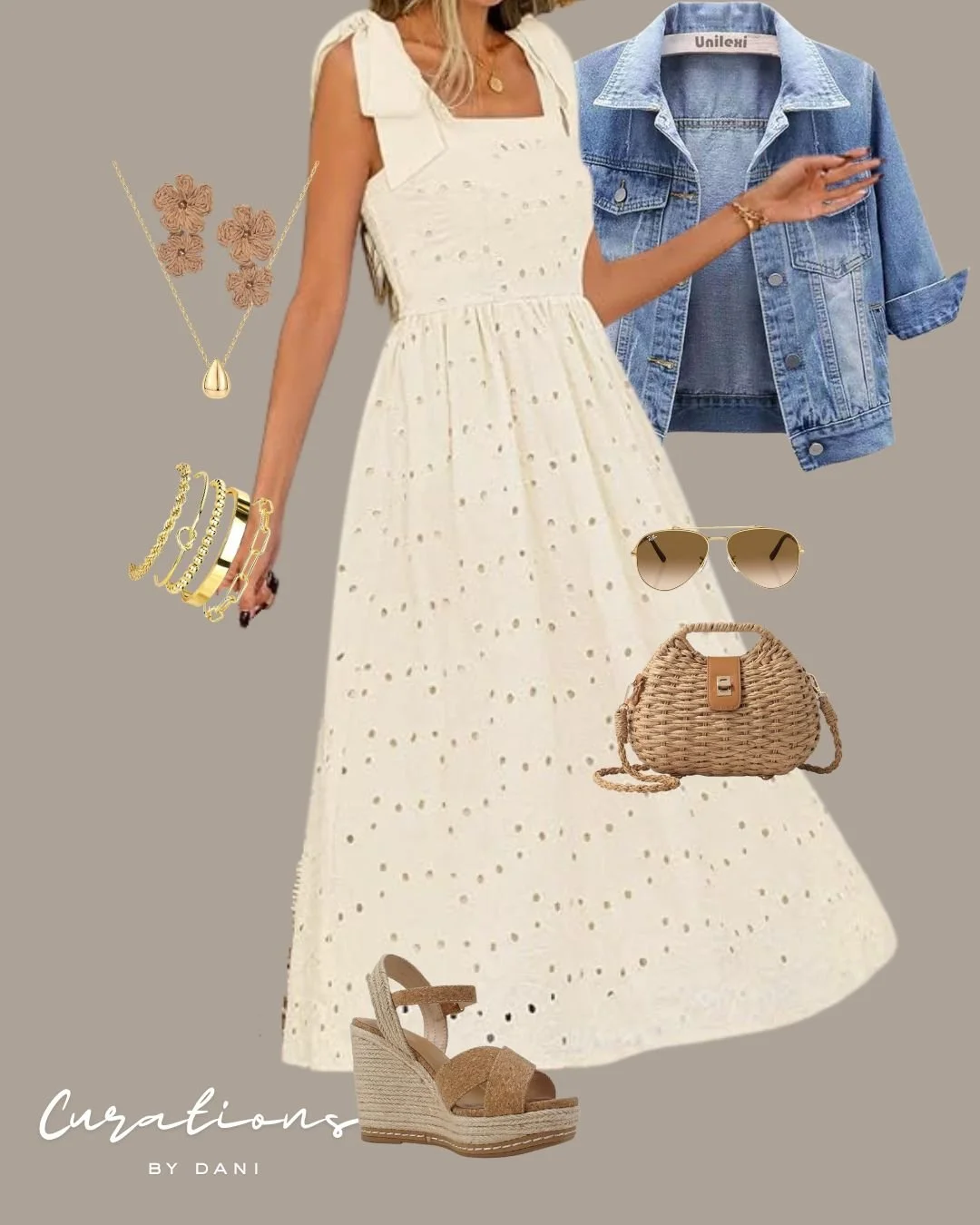 A summer outfit featuring a white eyelet dress, a denim jacket, beige wedge sandals, a wicker handbag, gold jewelry, aviator sunglasses, and floral earrings on a gray background.