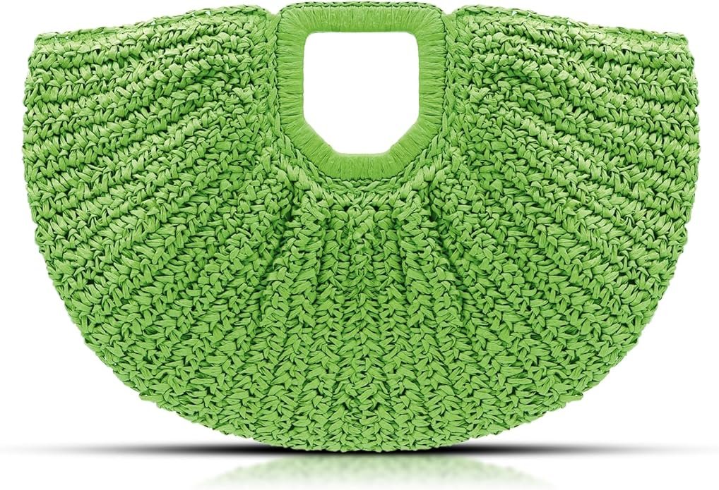 Bright green woven handbag with a rectangular cutout handle