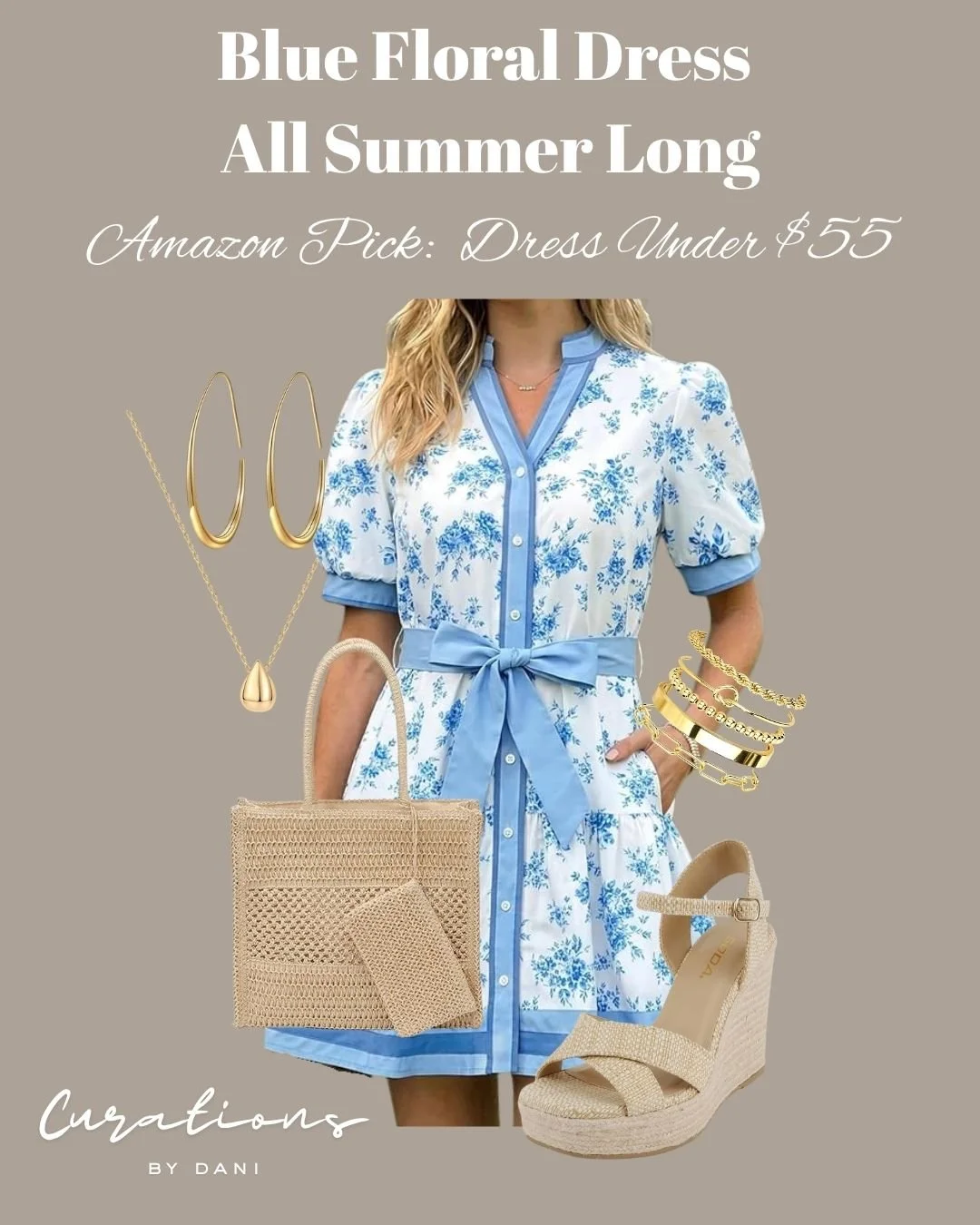 A woman in a blue and white floral dress with a tied waist, surrounded by gold jewelry, a beige straw tote bag, and beige wedge sandals, with text promoting summer floral dresses under $55 on Amazon.