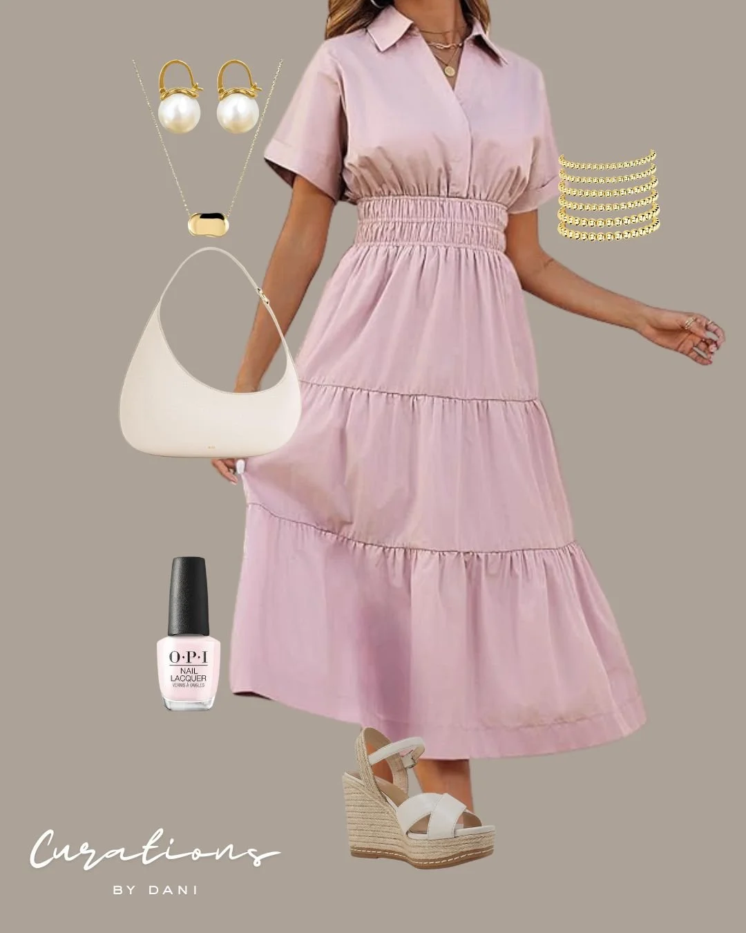 Outfit with a pink midi dress, white wedge sandals, gold jewelry including rings and bracelets, a white handbag, pearl earrings, a necklace with a black pendant, and pink nail polish.