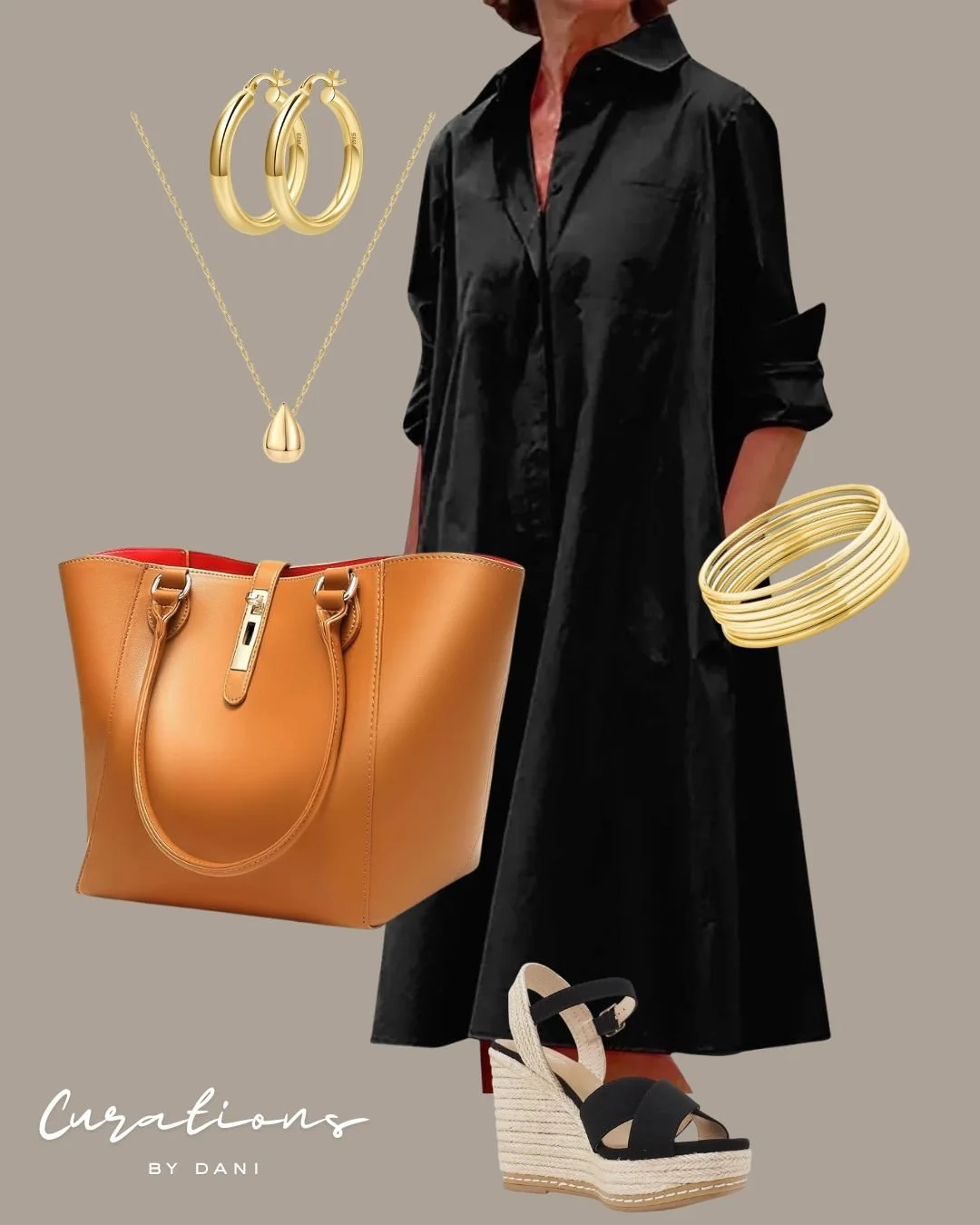 Collection of fashion accessories including gold jewelry, a tan handbag, black and white wedge sandals, and a black dress on a woman.