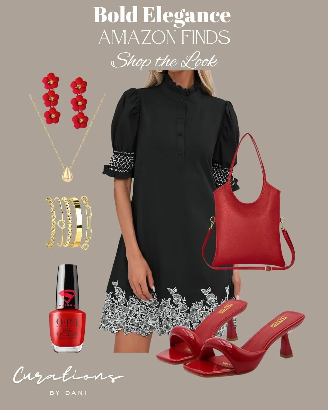 Fashion collage featuring a woman in a black dress with white embroidery at the hem, red high-heeled sandals, a red handbag, gold jewelry including earrings, a necklace, and bracelets, red nail polish, and text promoting elegant fashion finds on Amazon.
