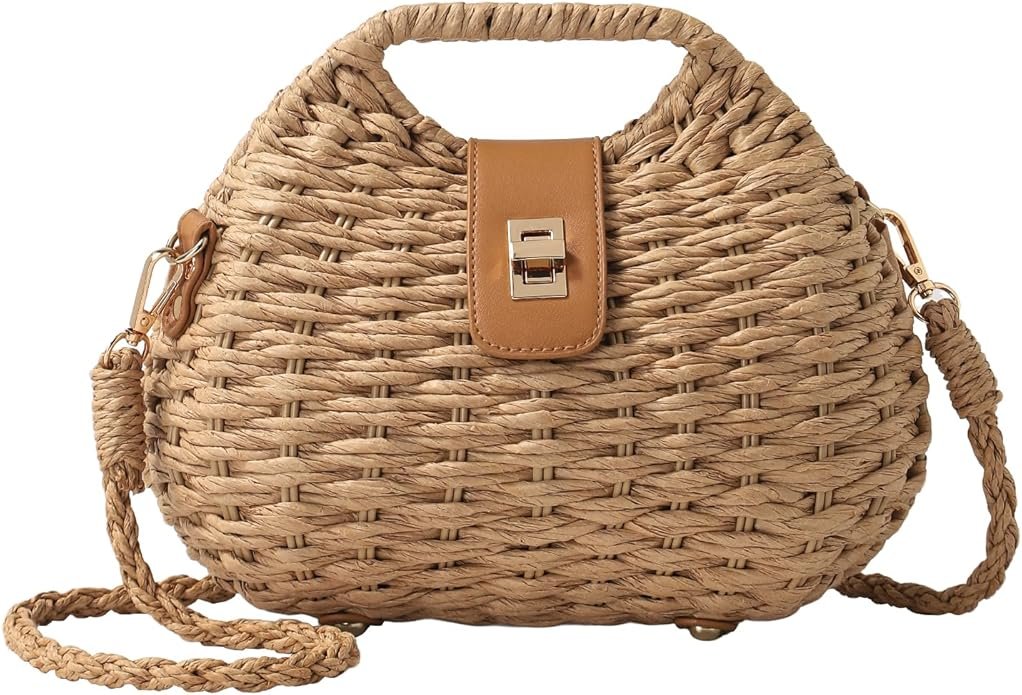 A woven straw handbag with a tan leather flap and a metal clasp, featuring a braided shoulder strap.