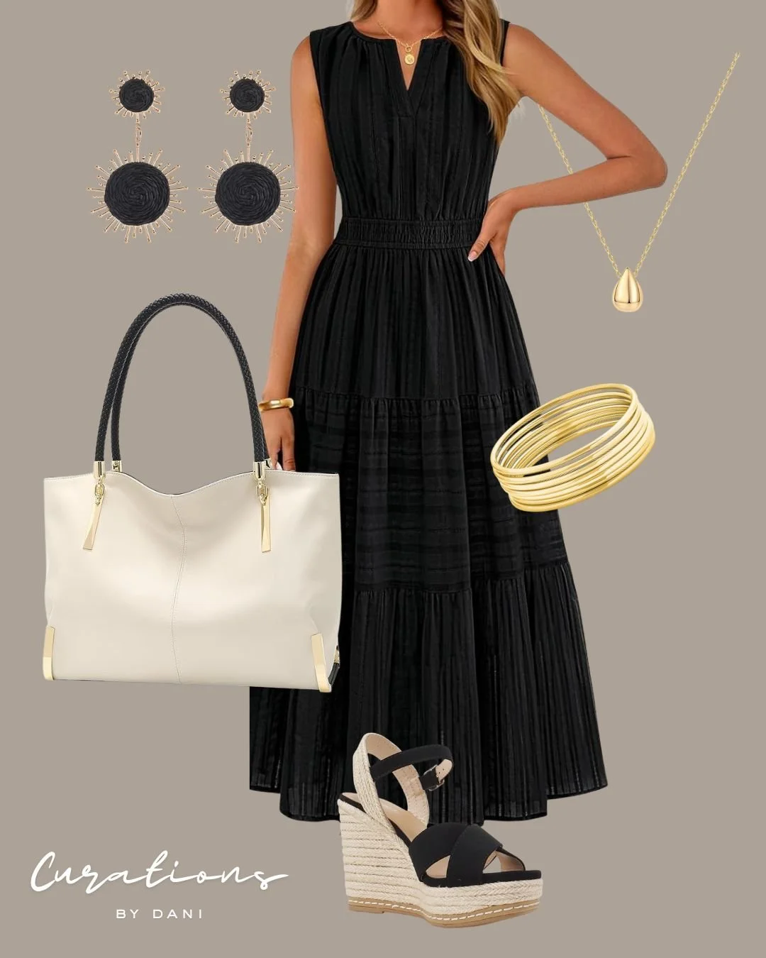 Fashion collage featuring a black pleated maxi dress, black and beige wedge sandals, white handbag with black handles, gold bangles, a gold necklace, and black and gold earrings.