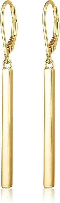 Gold hoop earrings with long rectangular dangling charms.