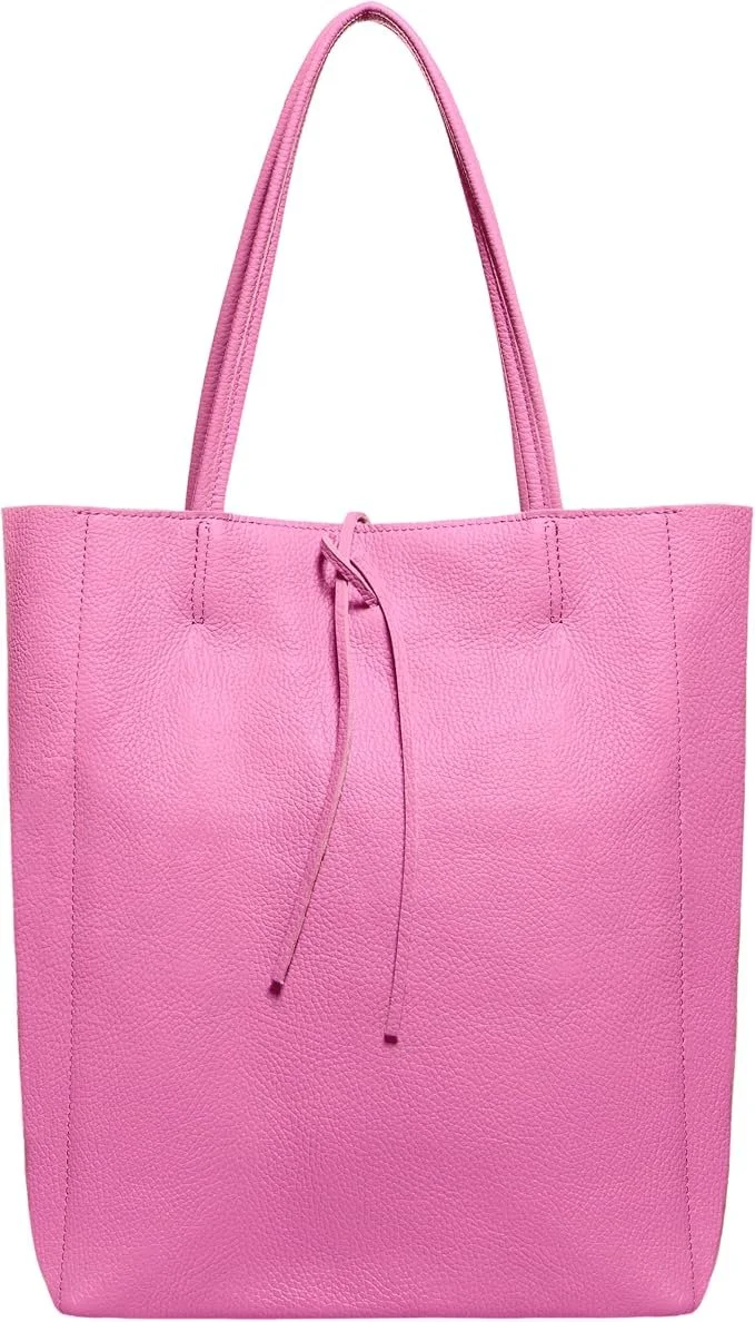 Pink tote bag with thin handles and drawstring closure, made of textured material.