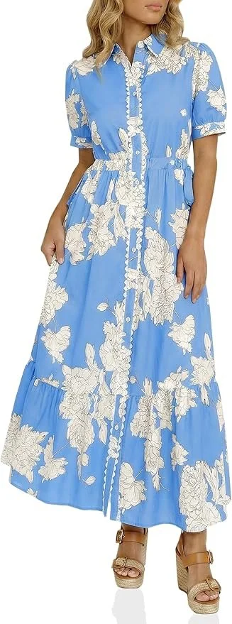 Woman wearing a light blue, button-down, floral midi dress with short sleeves and a waist tie, paired with tan platform sandals.