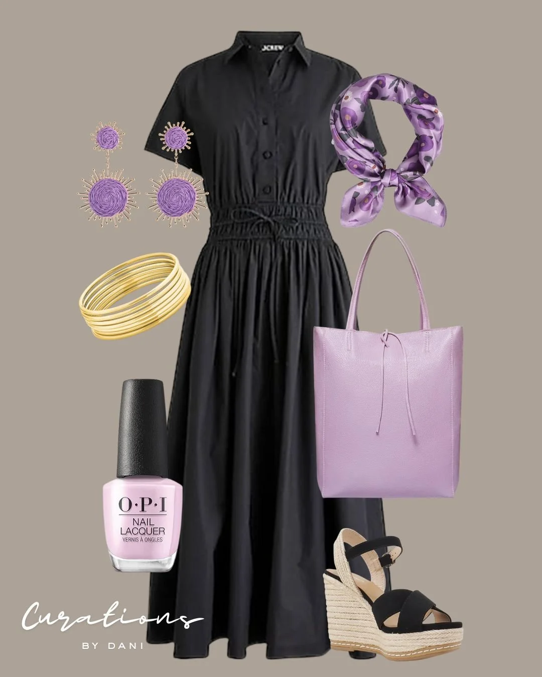 Flat lay of a black button-up dress with a cinched waist, paired with purple polka dot scarf, pink tote bag, beige platform wedge sandals, purple nail polish, gold bangles, and purple virus graphics in the background.