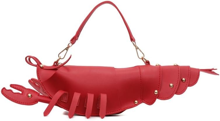 Red handbag shaped like a lobster with gold accents and a shoulder strap.