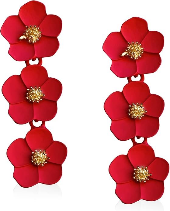 Pair of red flower-shaped earrings with gold centers