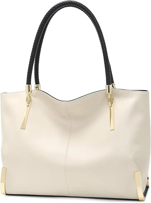 Cream-colored tote bag with black braided handle and gold accents.