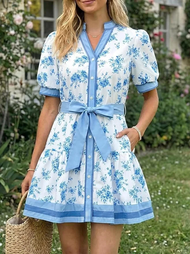 A woman in a white dress with blue floral patterns and light blue trim, standing outdoors in a garden. She is holding a straw handbag and wearing a bracelet.