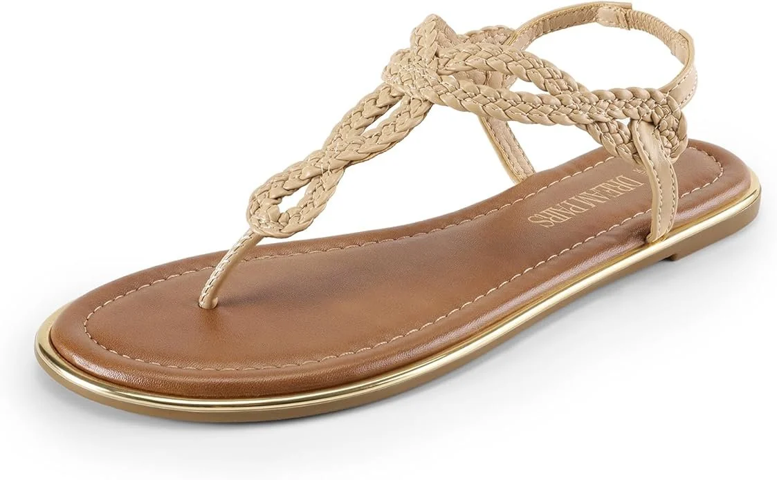 Beige sandal with braided straps and a flat sole.