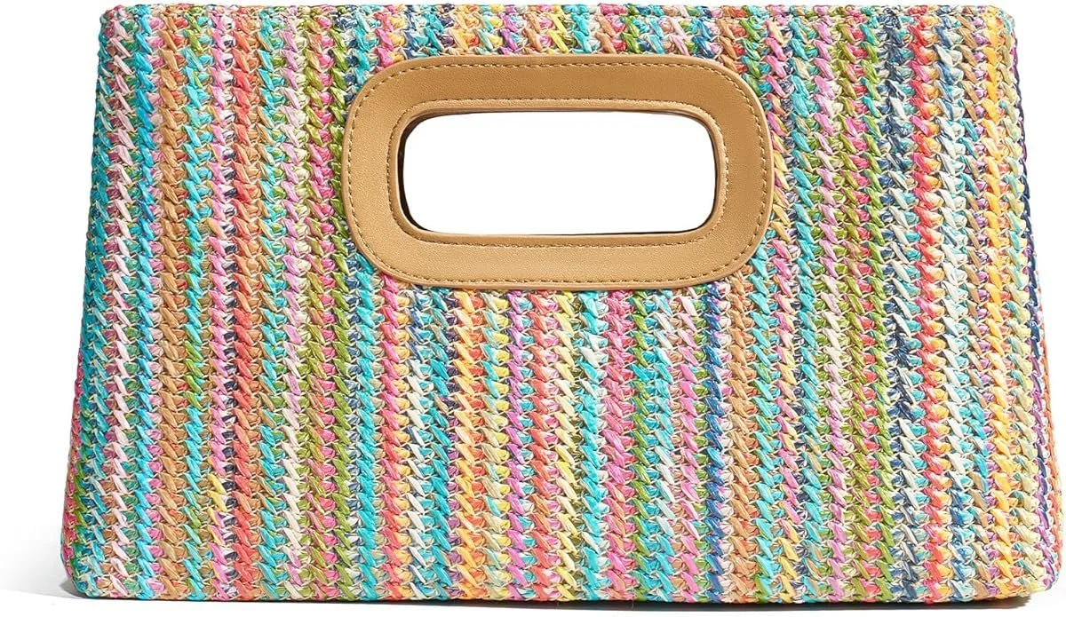 A colorful woven tote bag with tan handles and cutout handle opening