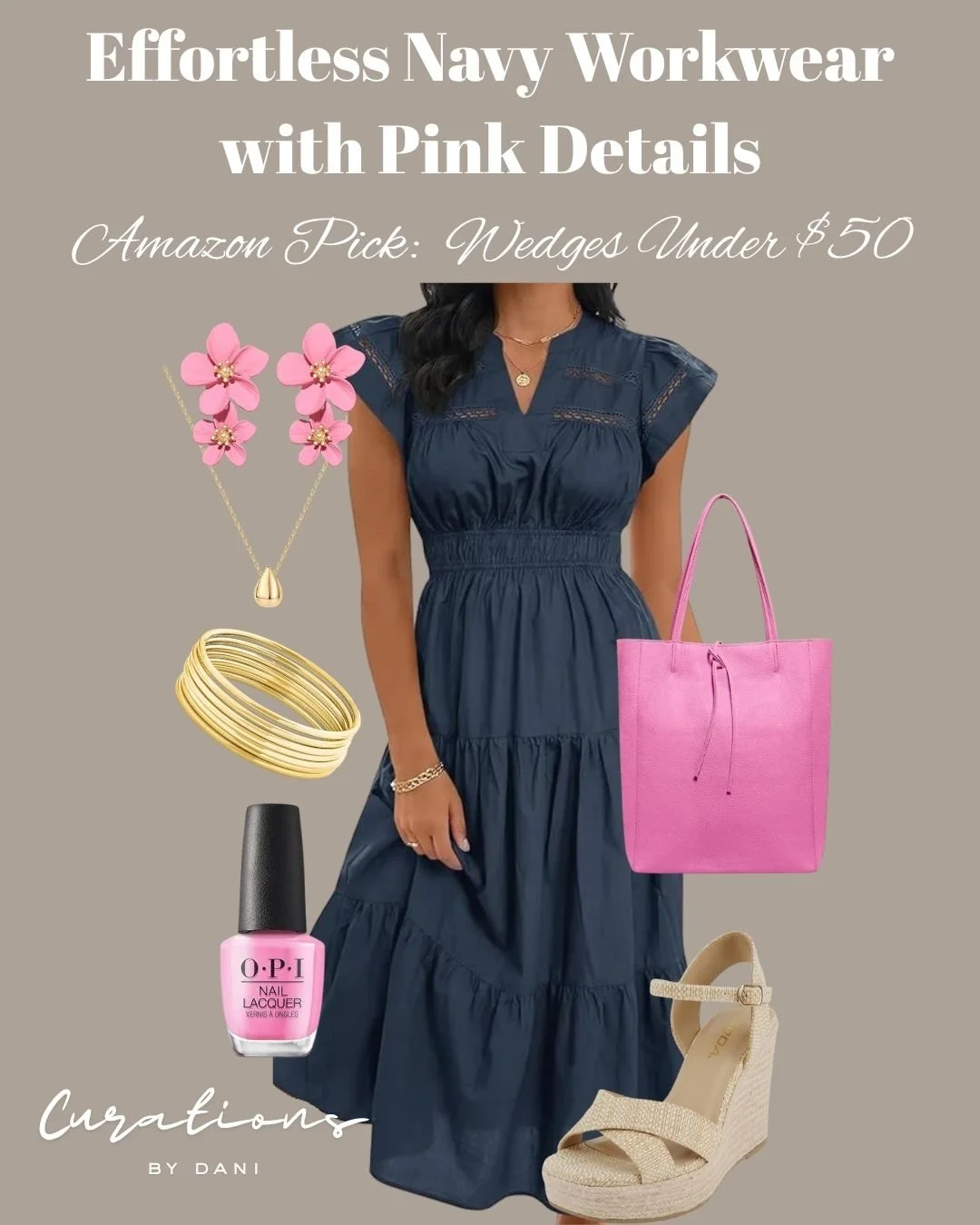 View of a navy dress with pink accessories, including pink floral earrings, a pink tote bag, pink nail polish, and gold jewelry, with beige wedge sandals.