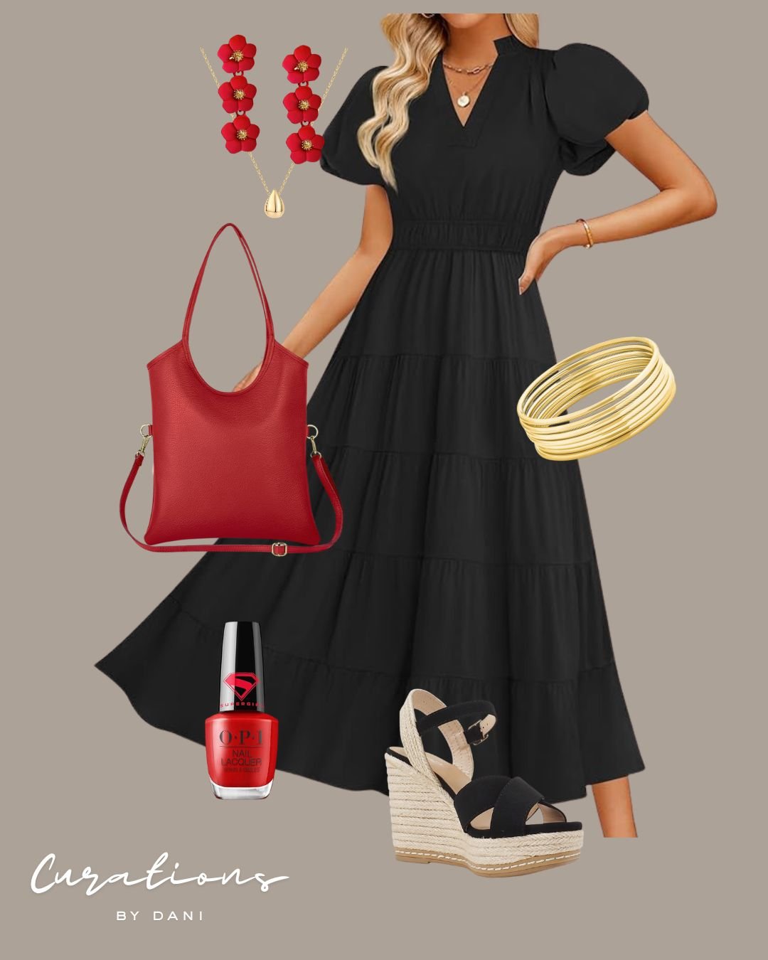 Stylish black maxi dress with puffed sleeves, paired with red floral necklace, red handbag, gold bangles, black and beige wedge sandals, red nail polish, and gold jewelry accessories.