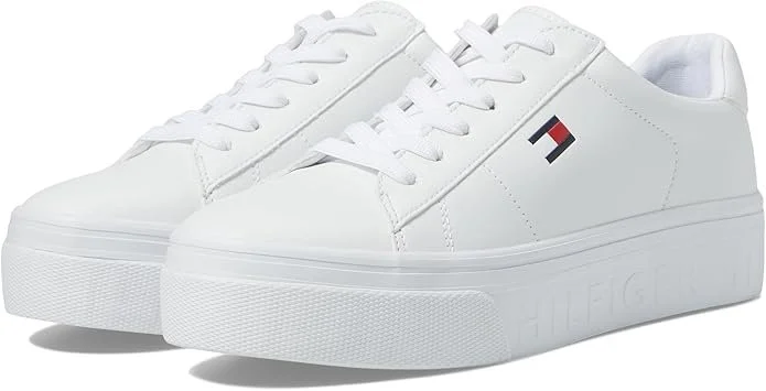 White sneakers with lace-up design and small Tommy Hilfiger logo on the side.
