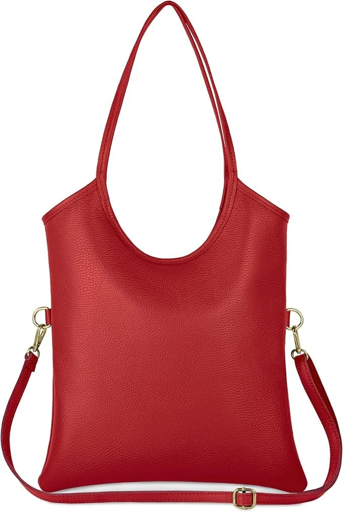 Red leather tote bag with a detachable shoulder strap