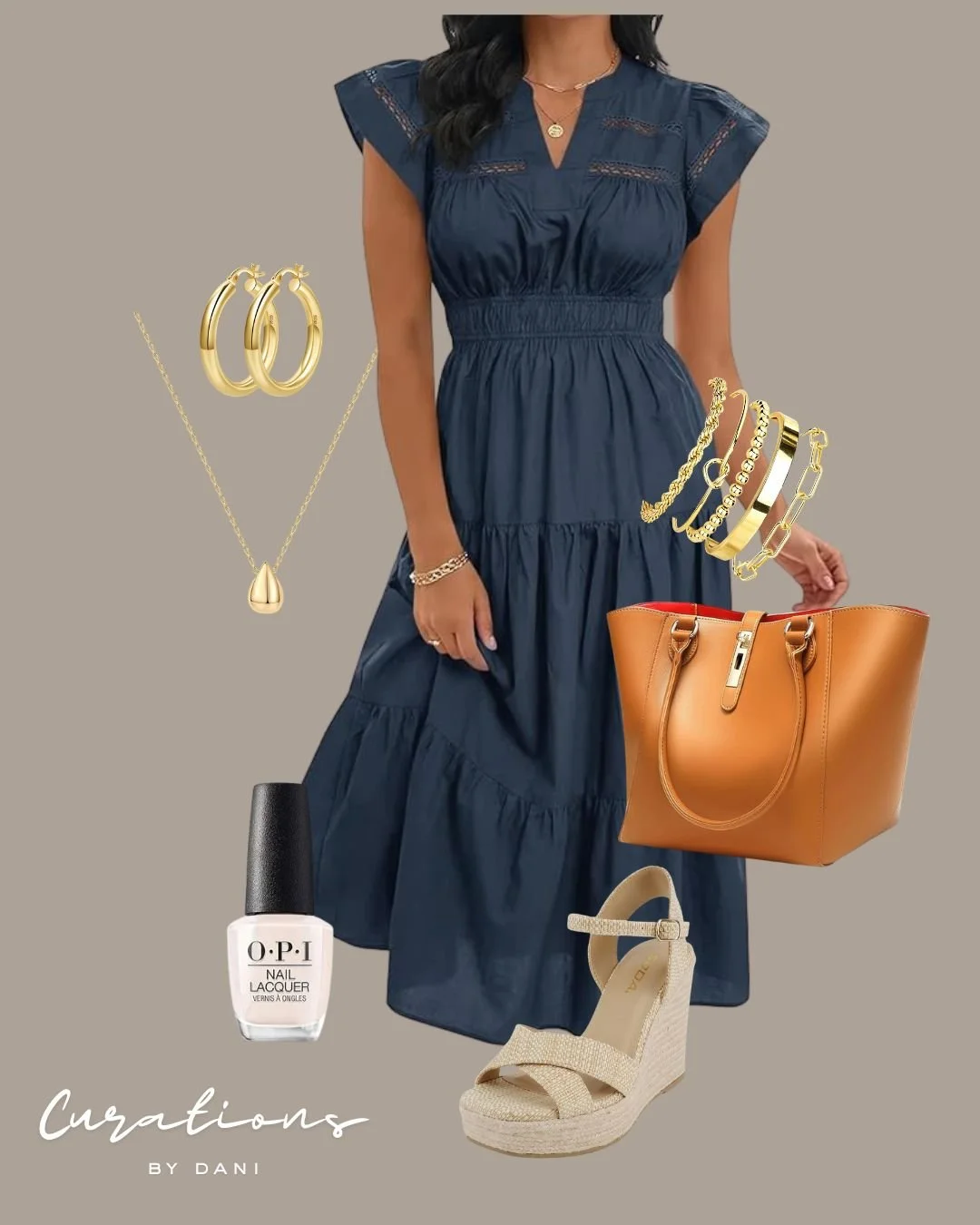 Blue dress with jewelry accessories including gold earrings, layered necklaces, bracelets, beige wedge sandals, tan handbag, and white nail polish.