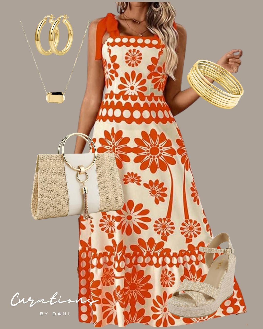 A woman wearing a sleeveless, floral and geometric patterned maxi dress in orange and white. She is accessorized with gold hoop earrings, a gold ring, a layered gold bracelet, a beige woven handbag with a circular handle and tassel, and beige platform wedge sandals.