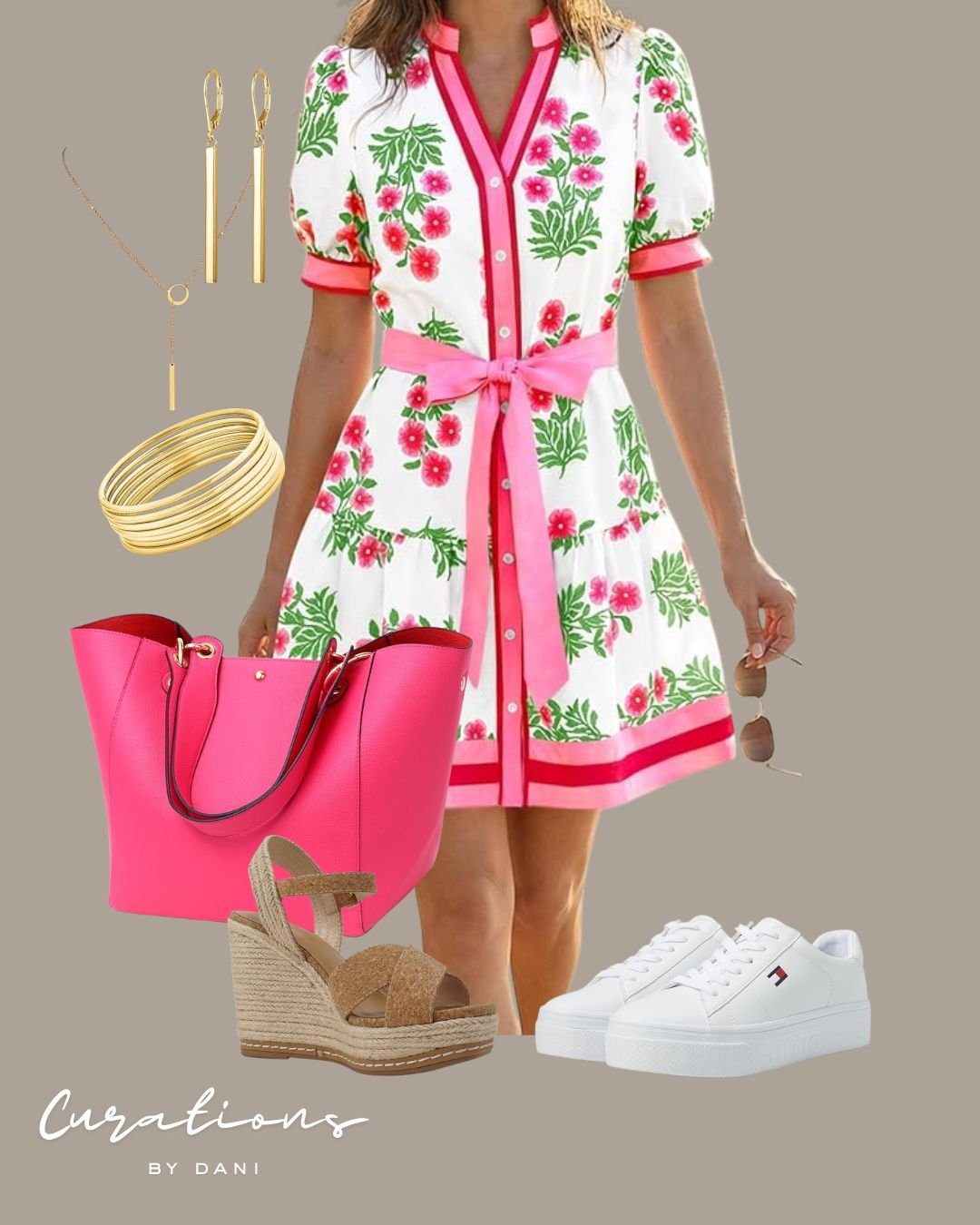 Fashion collage featuring a floral dress with pink accents, gold jewelry, a pink tote bag, tan wedge sandals, white sneakers, and sunglasses.