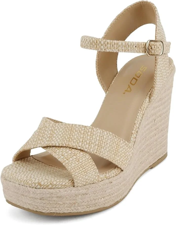 Beige woven high-heeled wedge sandal with ankle strap and buckle.