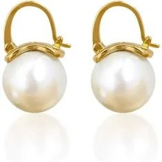 Gold hoop earrings with large white pearl pendants