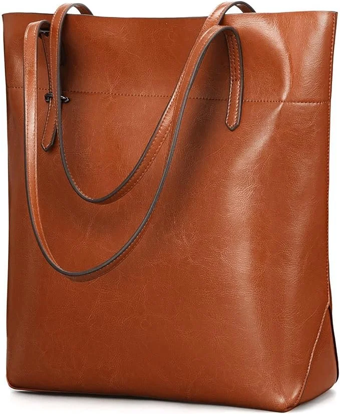 A large brown leather tote bag with two handles.