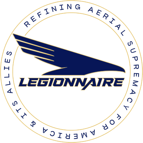 Logo of Legionnaire with a stylized navy blue eagle wings and bold text, surrounded by the words "Refining Aeronautical Supernatural Aerospace & Alloys."