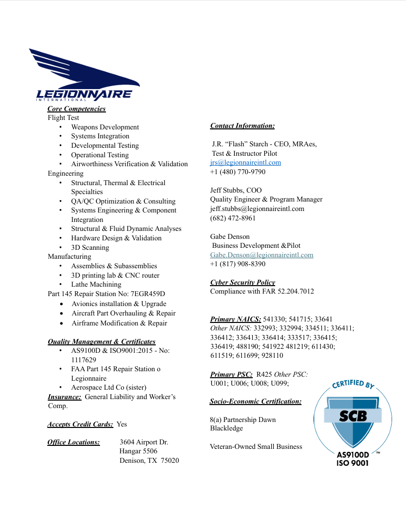 A business resume or professional profile document for J.R. Flash Starch from Legioinaire International, detailing flight testing, engineering, manufacturing, quality management, certificates, insurance, office locations, contact information, cybersecurity policy, certifications, and socio-economic certification, with a Legioinaire logo and an SCB certification badge.