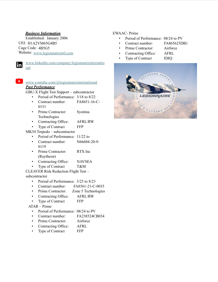 Business document outlining contracts and performance periods for various aerospace projects, featuring a logo with a fighter jet and the words "Refining Aerial" and "Legionnaire."
