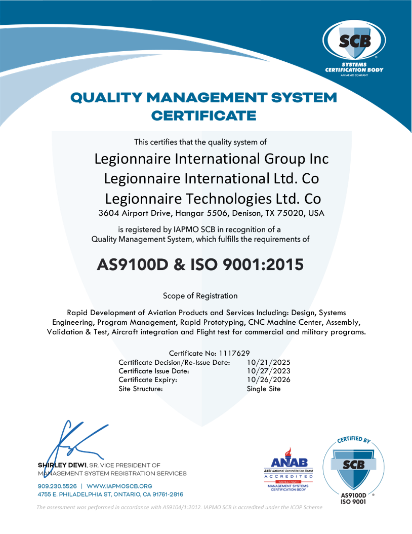 Quality management system certificate for Legionnaire International Group Inc., recognizing compliance with AS9100D & ISO 9001:2015 standards, issued by IAPMO SCB, with signatures, certification details, and logos.