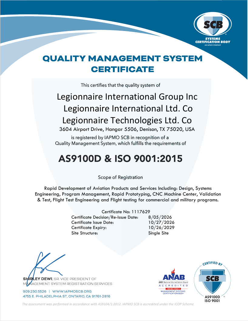 Quality Management System certificate issued to Legionnaire International Group Inc., recognizing compliance with AS9100D and ISO 9001:2015, issued by IAPMO SCB, signed by Shirley Dewi, located at 3604 Airport Drive, Hangar 5506, Denison, TX 75020, USA.