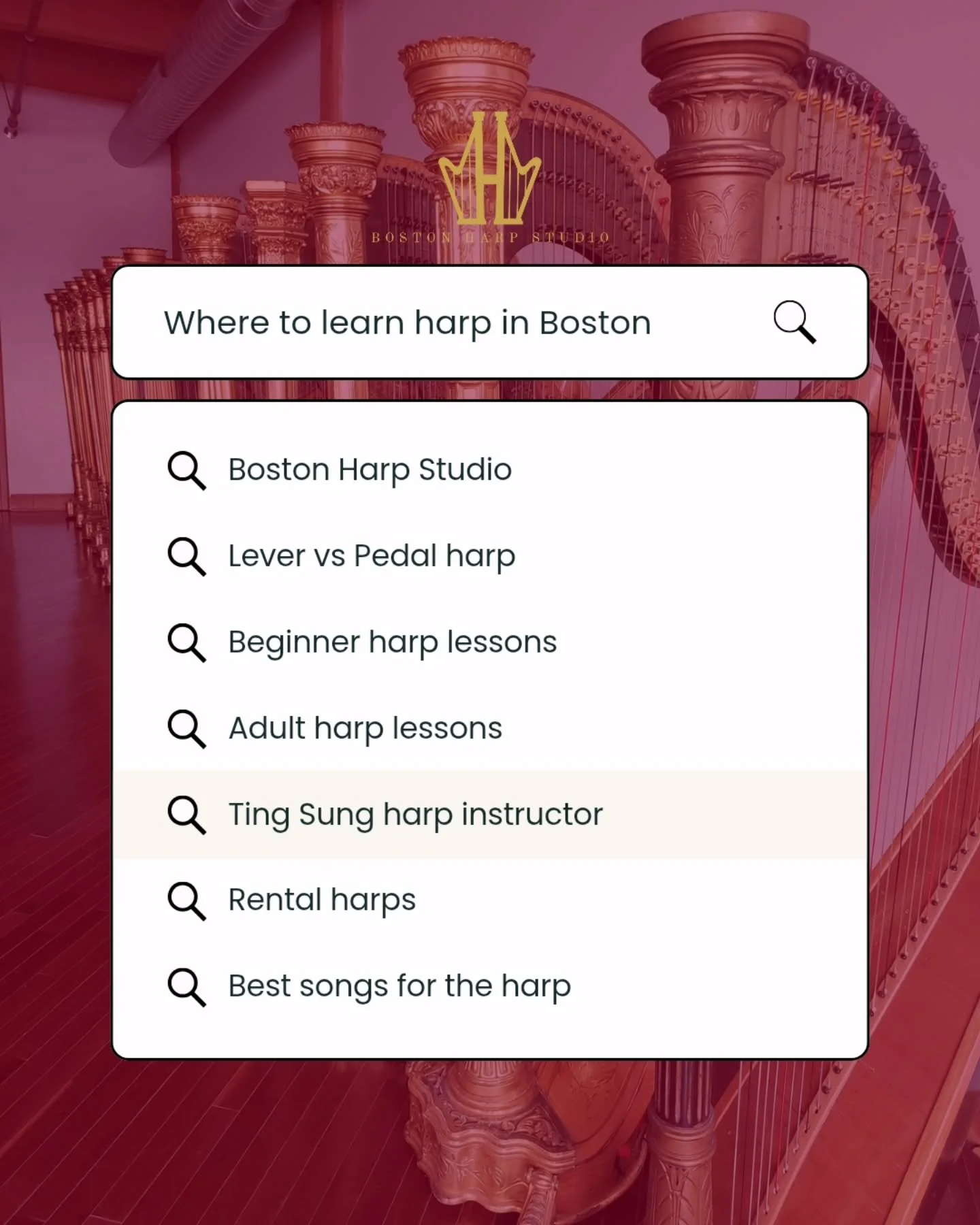 If you've been searching for a sign to start something new, welcome! I'm Ting Sung and I founded Boston Harp Studio to create a dedicated private studio space for anyone curious about this beautiful instrument. 

Whether you've been looking for &quot
