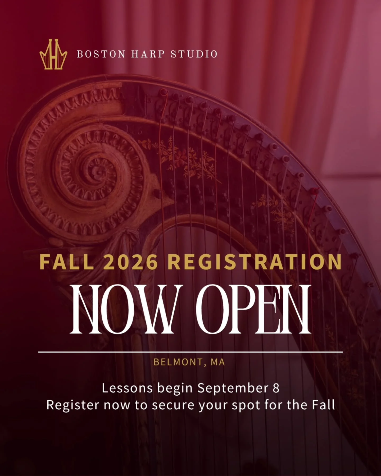 Open Enrollment for Fall 2026 is officially HERE!

Whether you&rsquo;ve always dreamed of playing the harp or are looking to refine your technique, Boston Harp Studio is welcoming new students of all ages and skill levels to our Belmont, MA private s