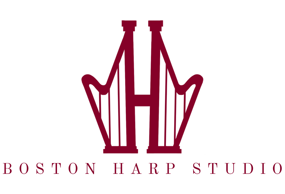 Logo of Boston Harp Studio featuring a stylized harp combined with a letter H, in maroon, with the text 'Boston Harp Studio' below.