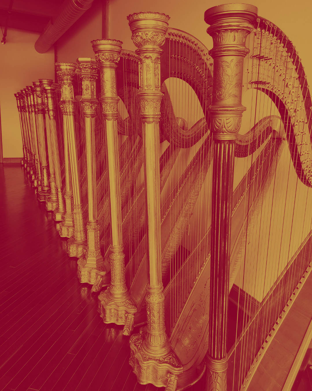 Pedals harps aligned in a row