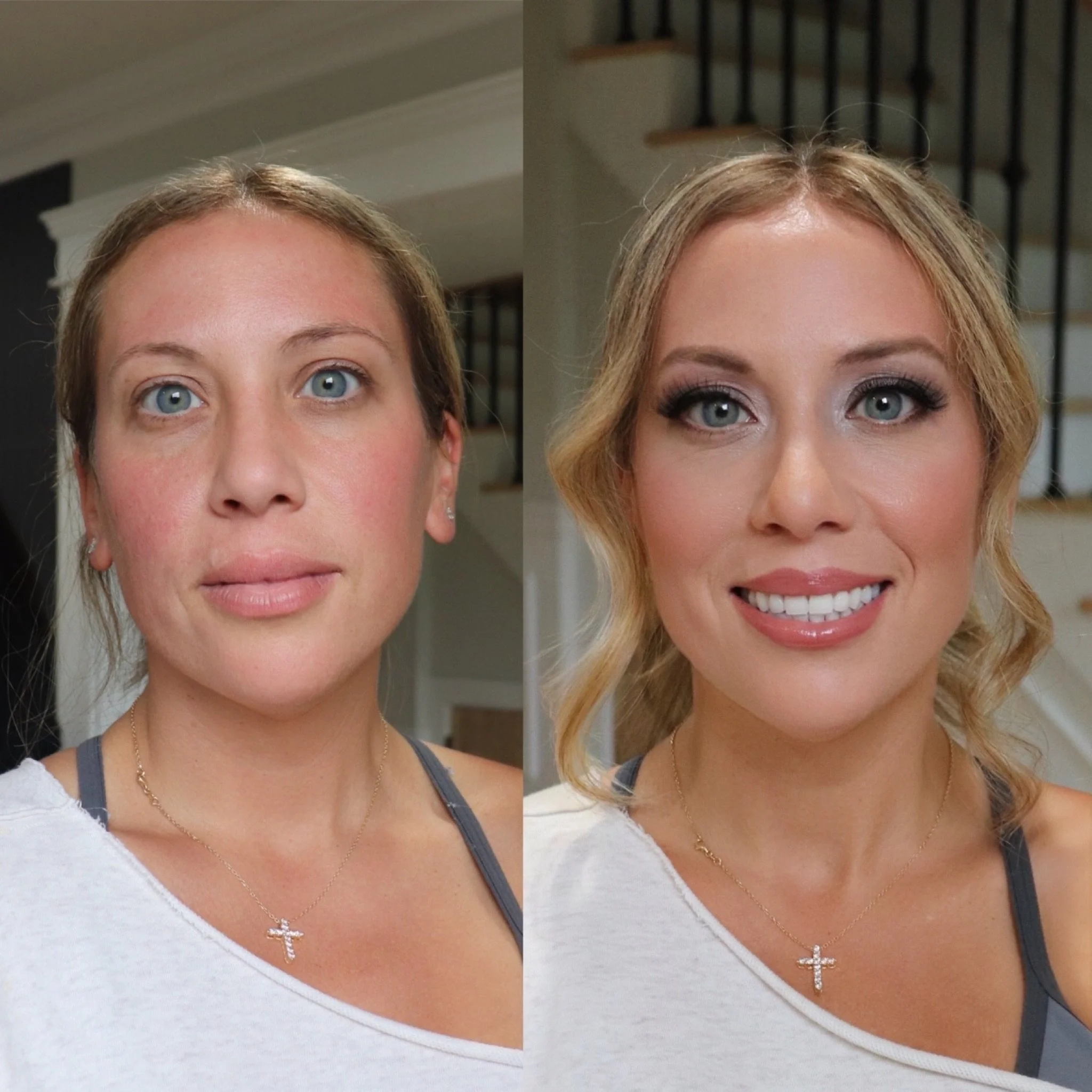 Side-by-side comparison of a woman's face before and after makeup application, showing enhanced eye makeup, lipstick, and overall appearance.