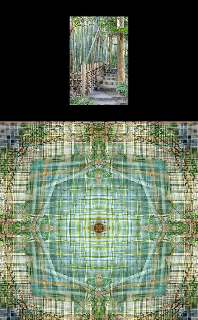 A photograph of an ancient bamboo forest in Kamakura, Japan, shown above the Photo-Anagram artwork it became, created with the BeMuze app.