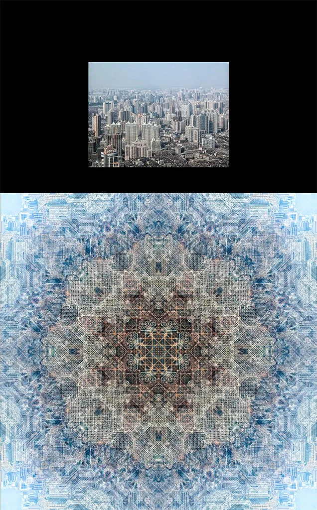 A photograph of a dense city neighborhood in Shanghai, China, shown above the Photo-Anagram artwork it became, created with the BeMuze app.