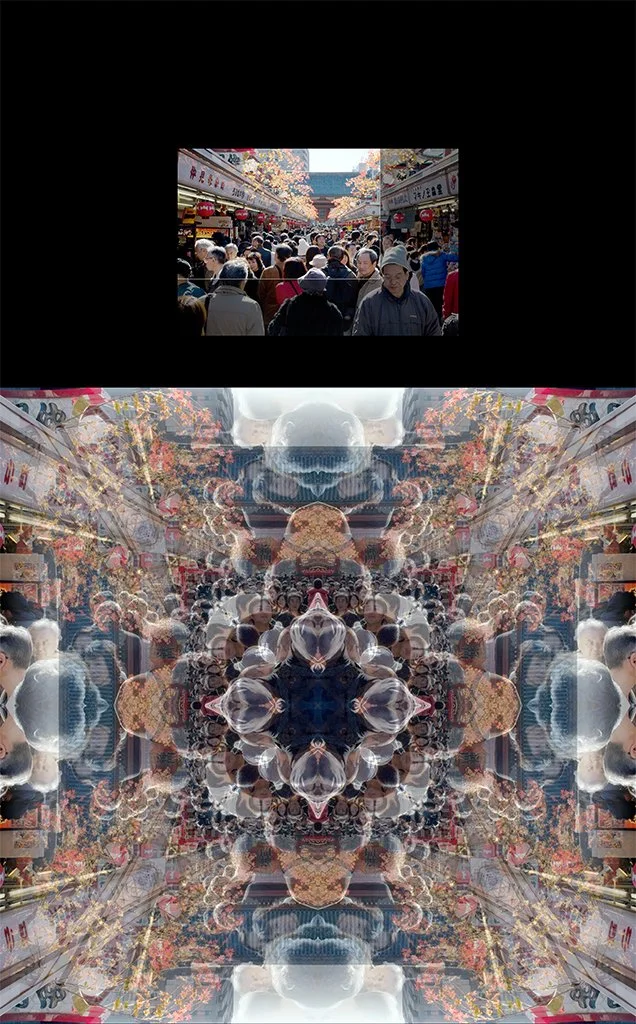 A photograph of a crowd at Ueno Park, Tokyo, Japan, shown above the Photo-Anagram artwork it became, created with the BeMuze app.