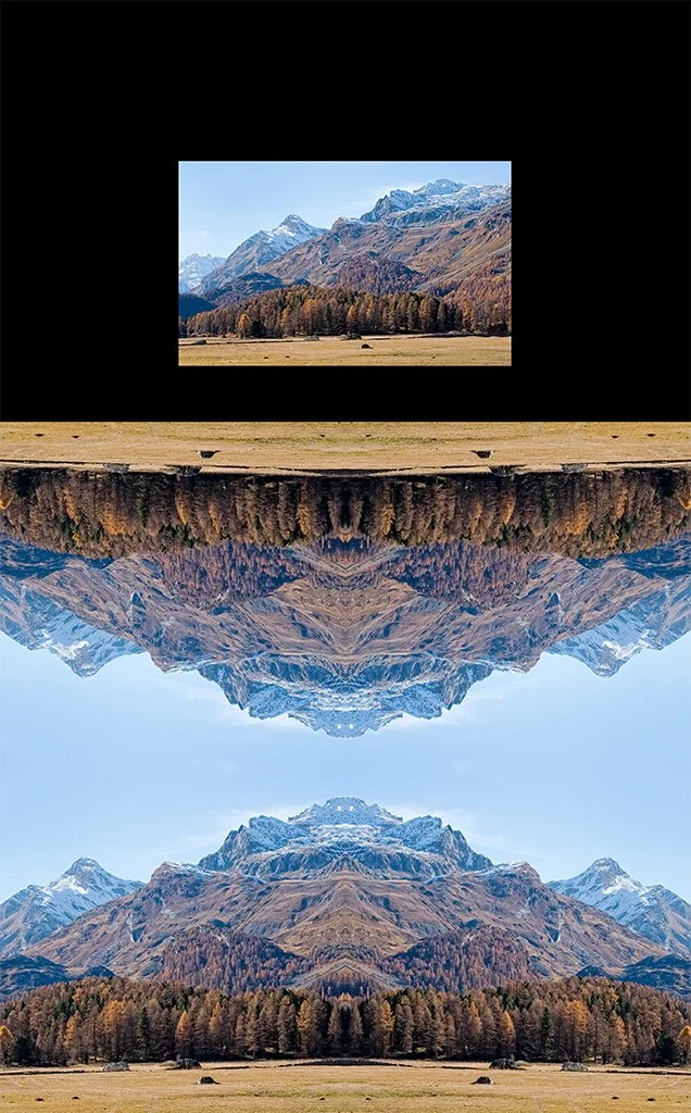 A photograph of the Swiss Alps, Switzerland, shown above the Photo-Anagram artwork it became, created with the BeMuze app.
