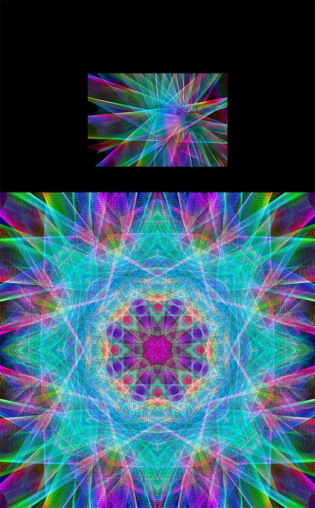 A photograph of abstract Ferris-wheel lights, from Ken Holden's Abstract Thoughts collection, shown above the Photo-Anagram artwork it became, created with the BeMuze app.