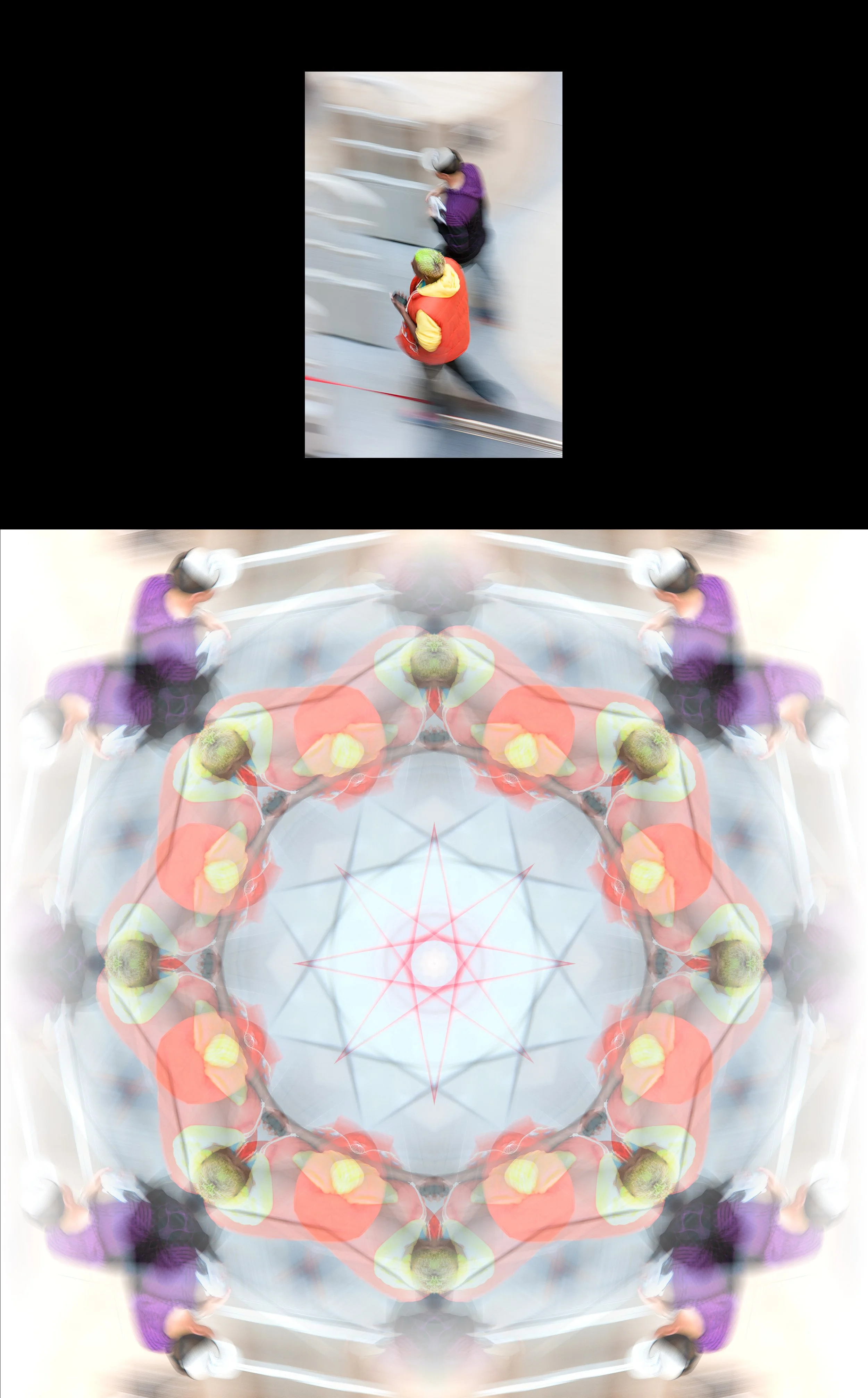 A photograph of two visitors at the San Francisco Main Public Library, from Ken Holden's Individual Personae collection, shown above the Photo-Anagram artwork it became, created with the BeMuze app.