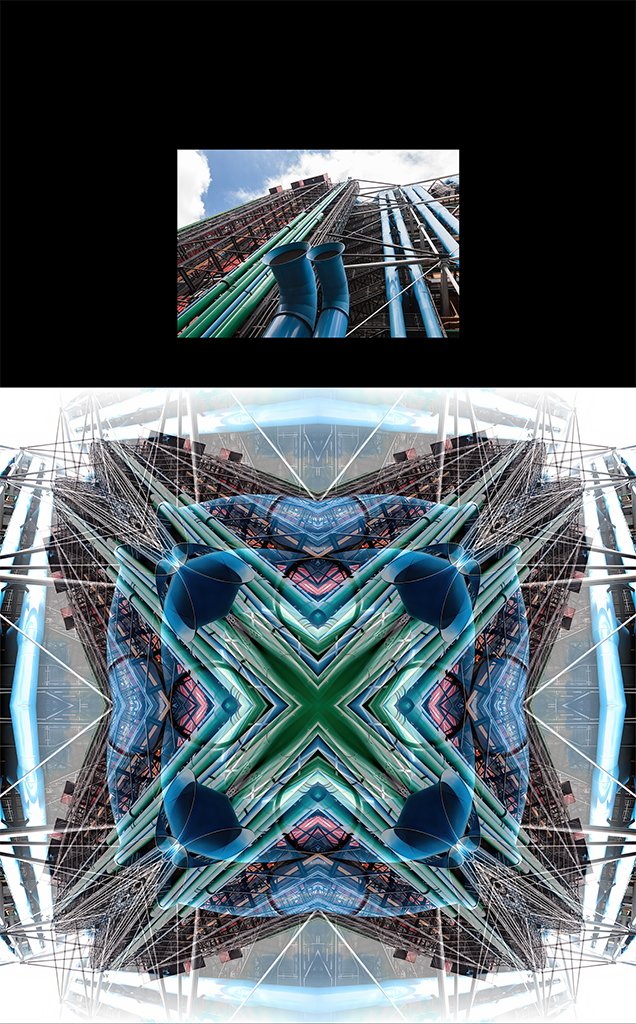 A photograph of the Pompidou Center in Paris, France, shown above the Photo-Anagram artwork it became, created with the BeMuze app.