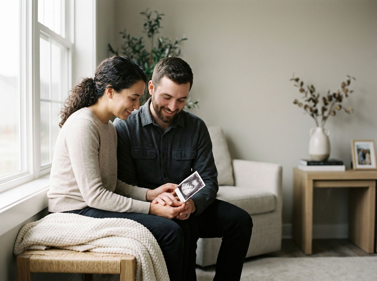 A happy couple sitting on a couch holding and looking at an ultrasound photo, in a cozy living room with a large window, a side table with a photo frame, a white vase with branches, and a potted plant.