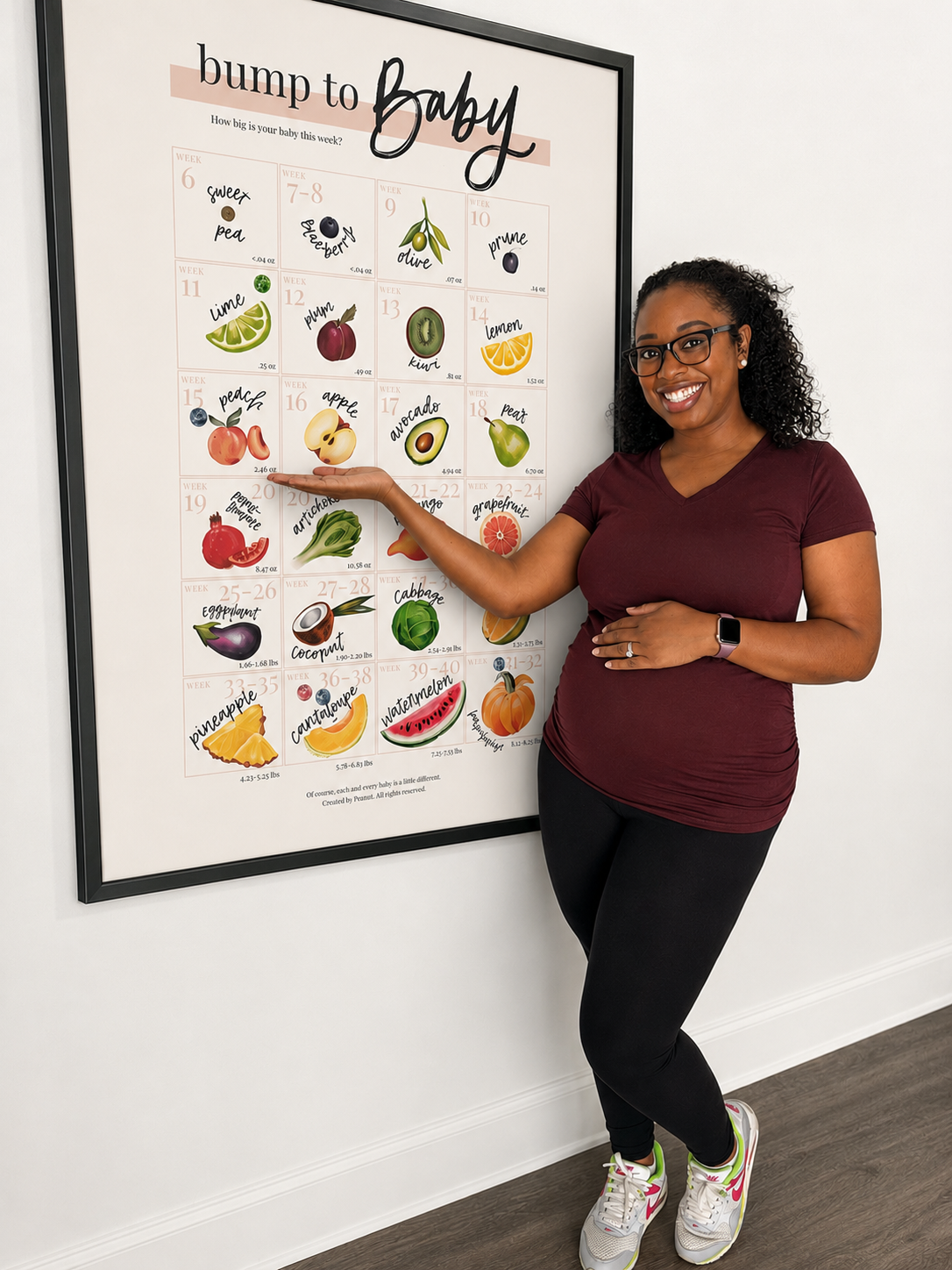 A woman standing next to a framed chart titled 'bump to baby' with illustrations of various fruits and vegetables representing stages of pregnancy.