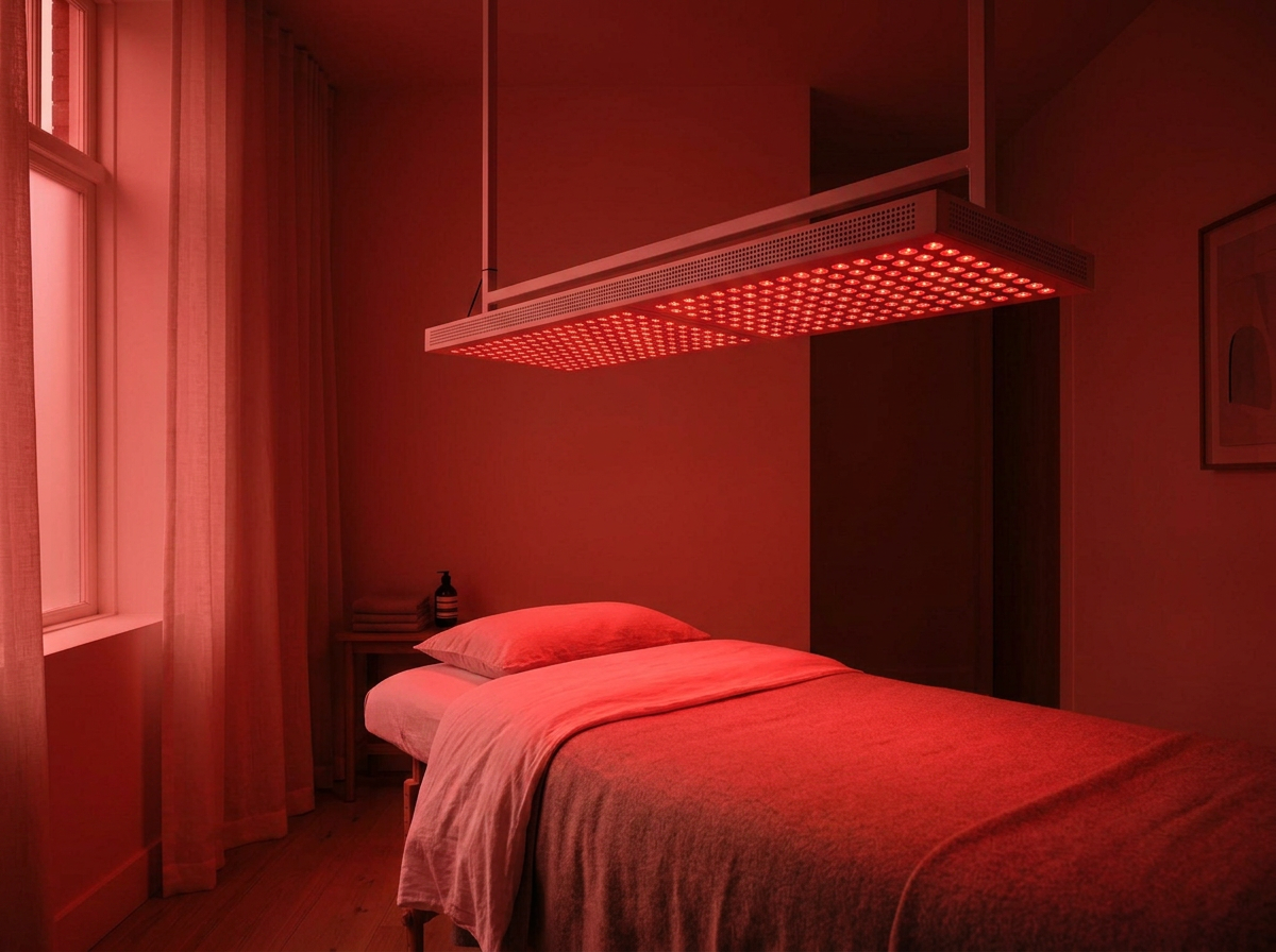 A bedroom with a bed, nightstand, window with curtains, and a ceiling light emitting red ultraviolet light.