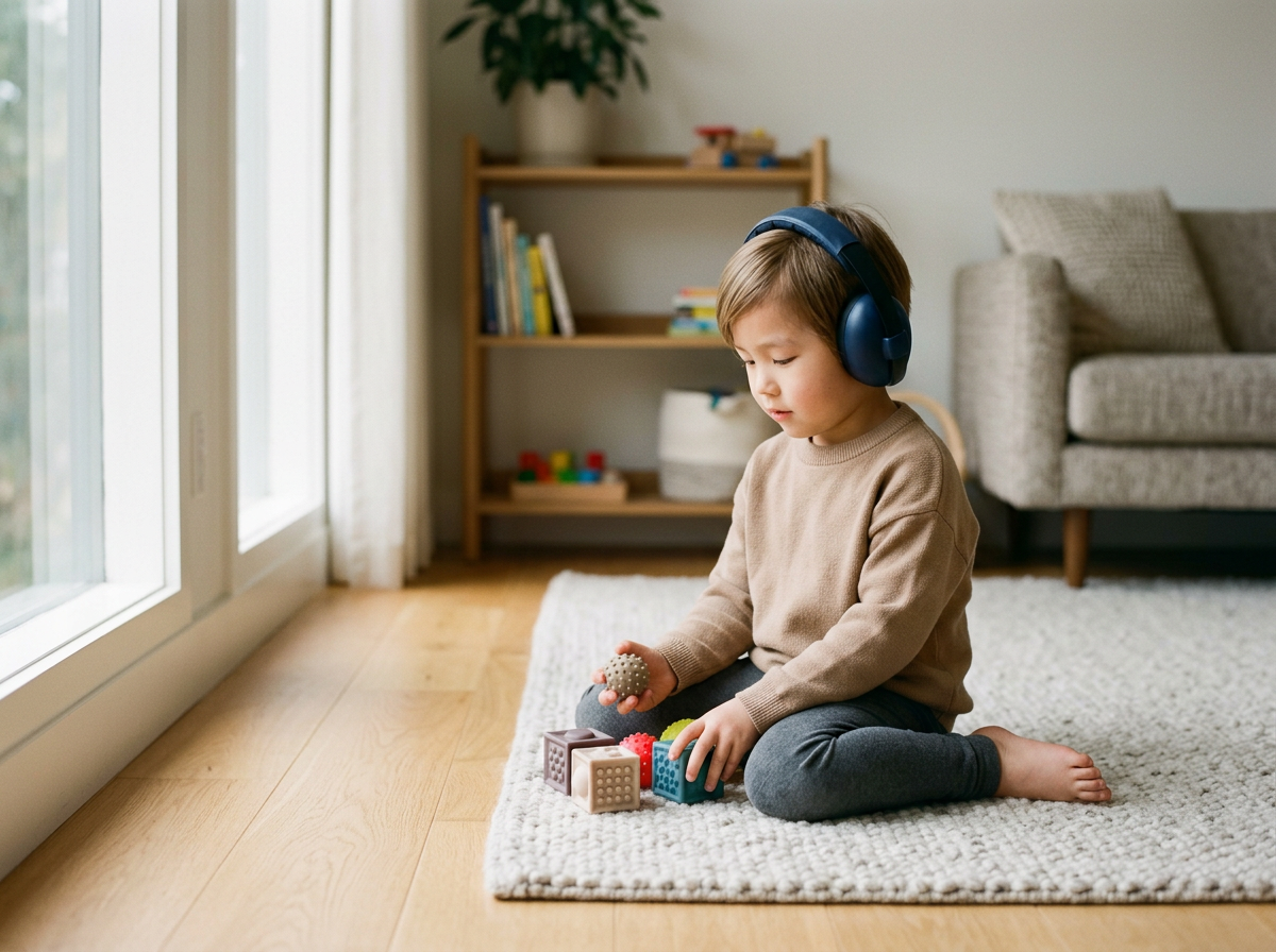 A young boy sitting on a beige rug playing with textured toys while wearing large blue headphones in a living room.